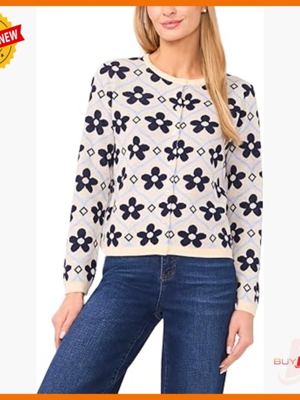 Floral Jacquard Long Sleeve Cardigan, Lightweight Layering Sweater